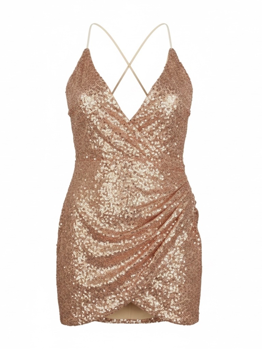 Strappy Rose Gold Sequin Ruched Mini Dress
